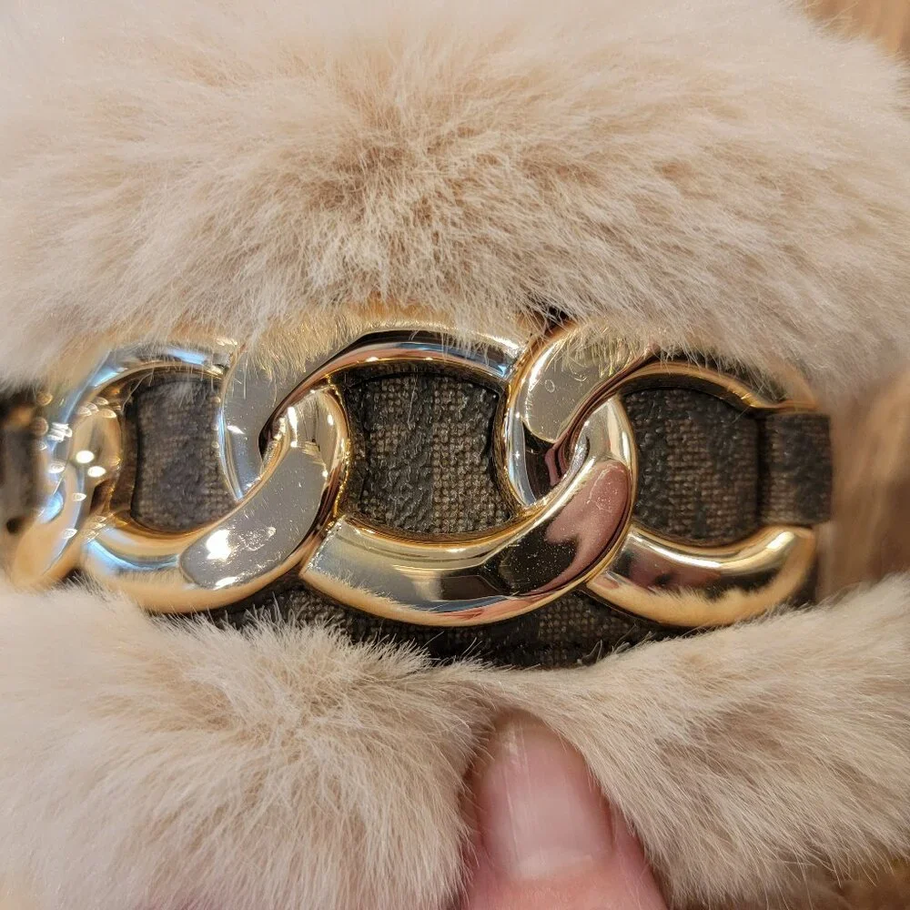 Michael Kors Scarlett Chain Cozy Faux Fur Slippers in camel multi color